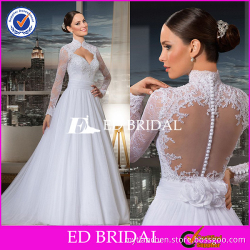 W01113 High Quality High Neck Flower Chiffon Muslim Bridal Wedding Dress With Long Sleeve